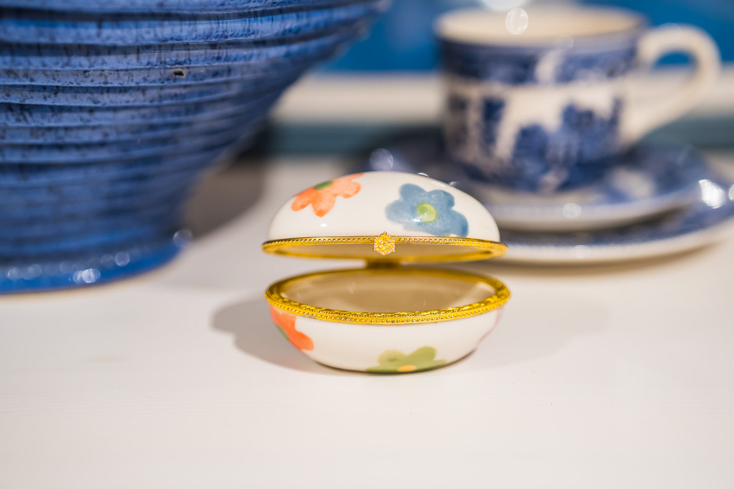 Vintage Porcelain Egg Shaped Flower Trinket Box