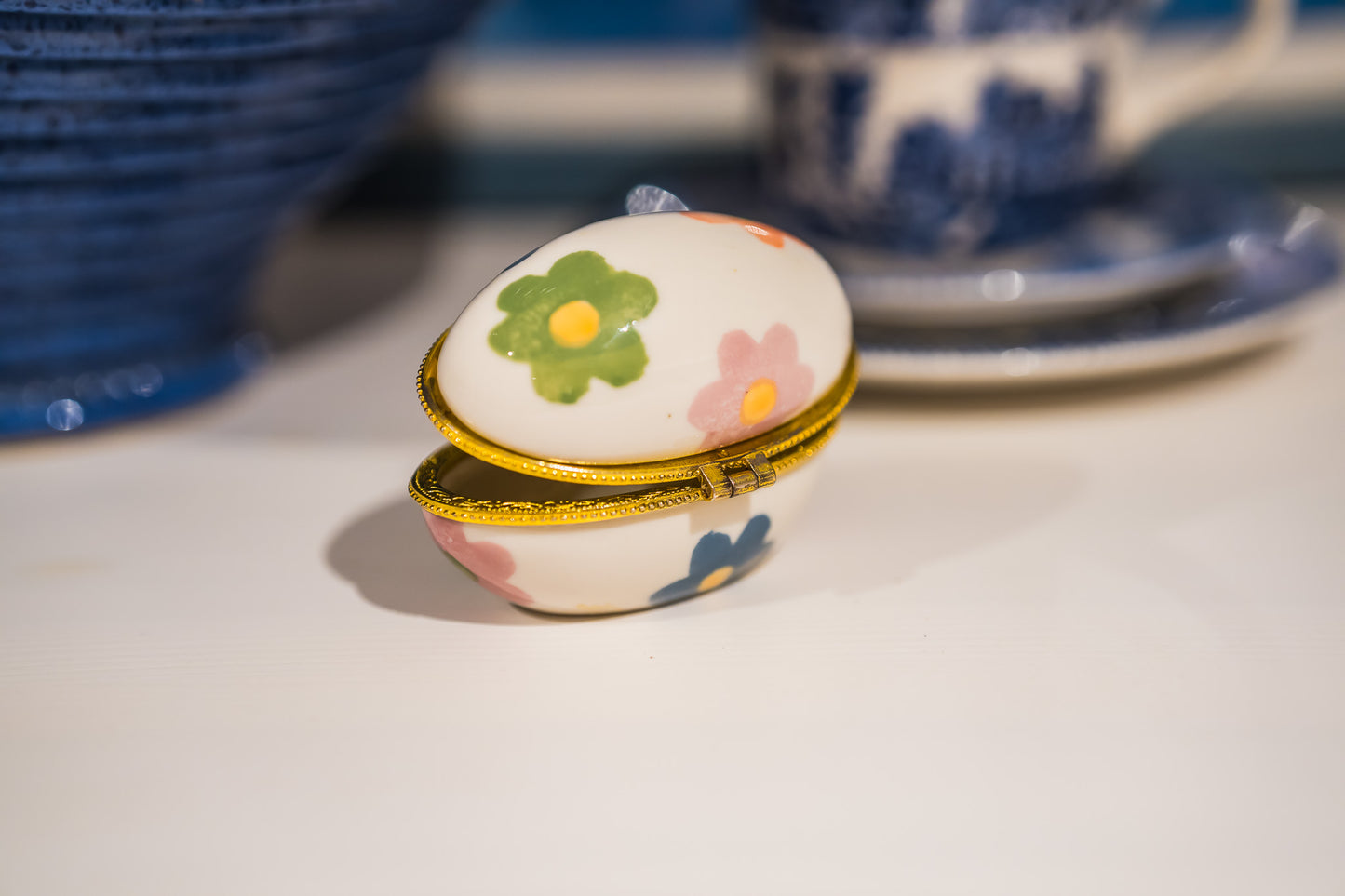 Vintage Porcelain Egg Shaped Flower Trinket Box