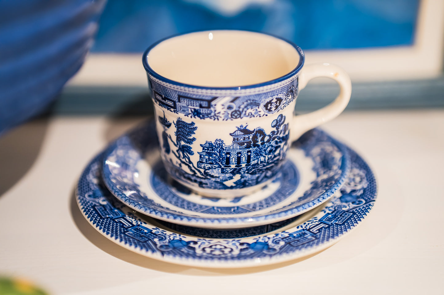 Arklow Willow Blue Tea Cup with English Ironstone Old Willow Saucer and Wood&Sons Willow Plate