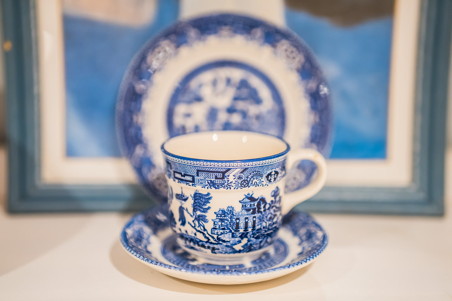 Arklow Willow Blue Tea Cup with English Ironstone Old Willow Saucer and Wood&Sons Willow Plate