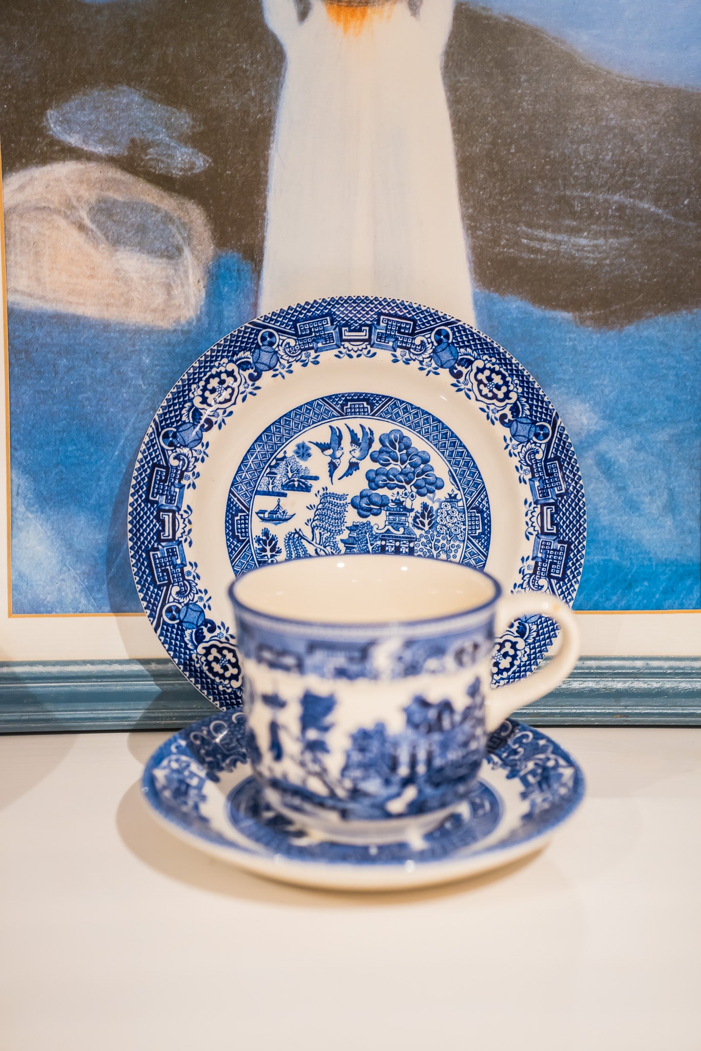 Arklow Willow Blue Tea Cup with English Ironstone Old Willow Saucer and Wood&Sons Willow Plate