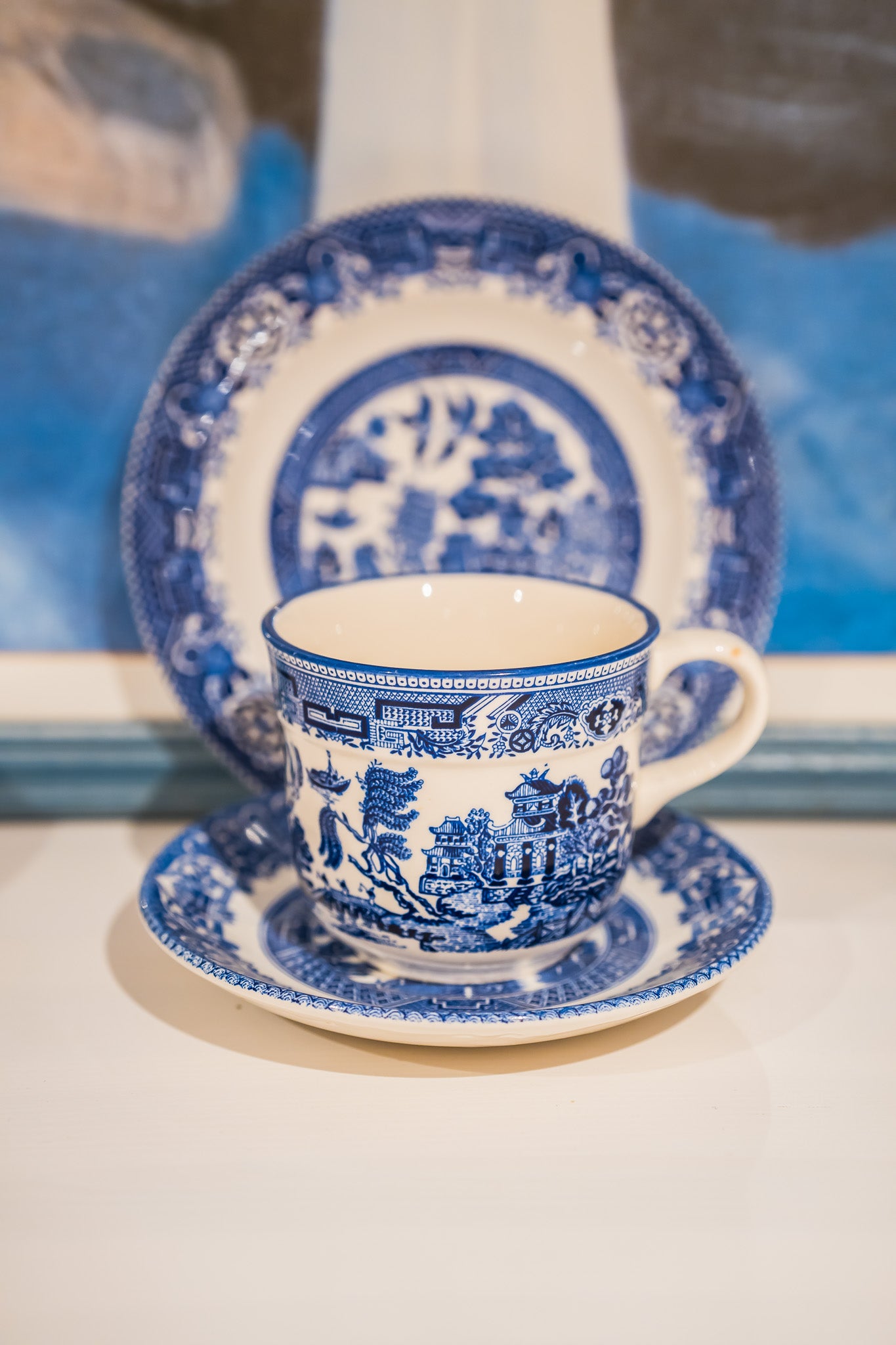 Arklow Willow Blue Tea Cup with English Ironstone Old Willow Saucer and Wood&Sons Willow Plate