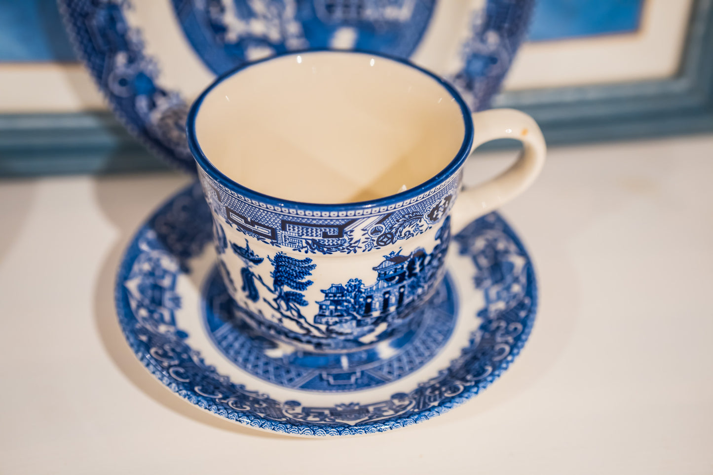 Arklow Willow Blue Tea Cup with English Ironstone Old Willow Saucer and Wood&Sons Willow Plate