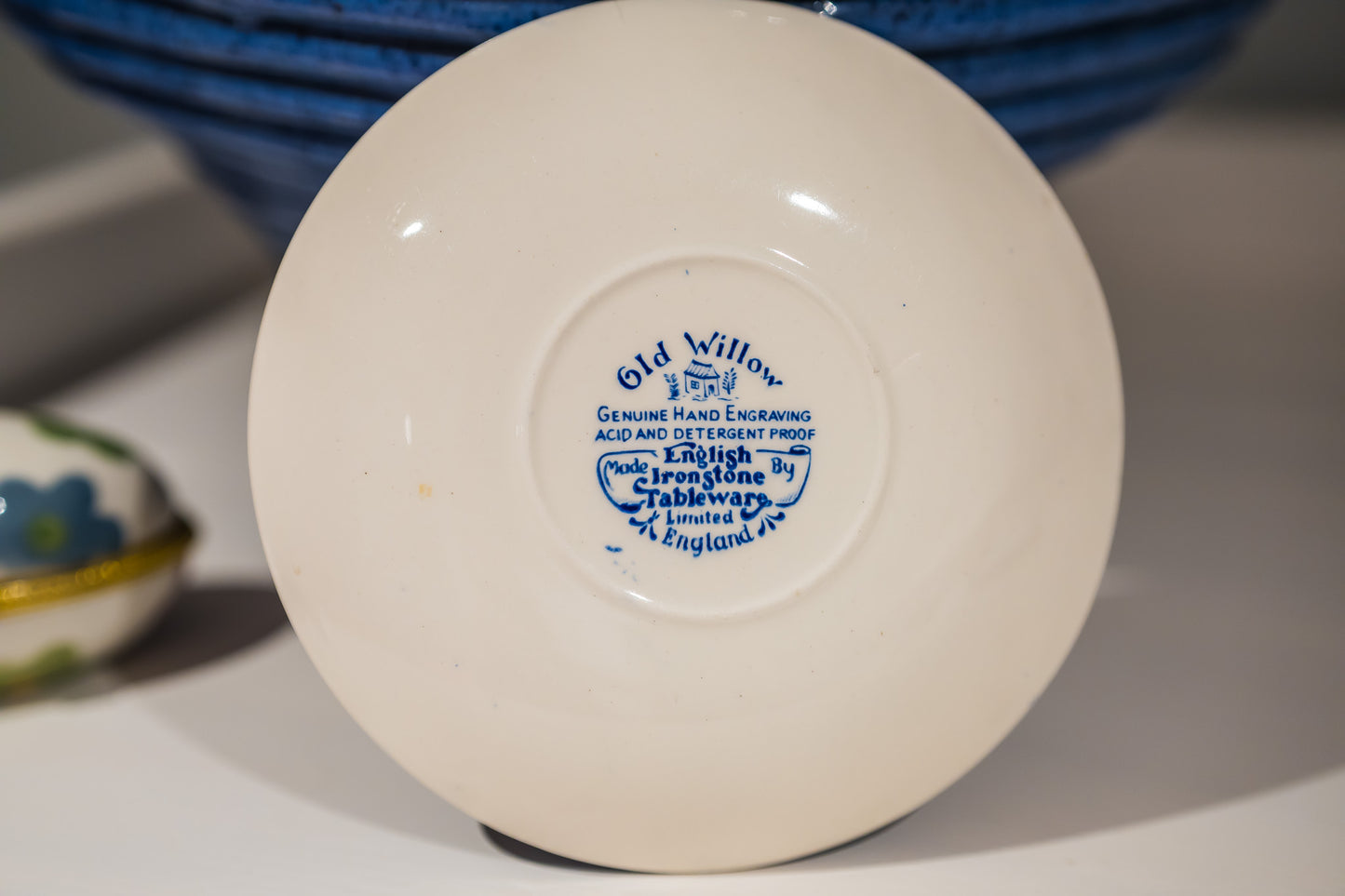 Arklow Willow Blue Tea Cup with English Ironstone Old Willow Saucer and Wood&Sons Willow Plate