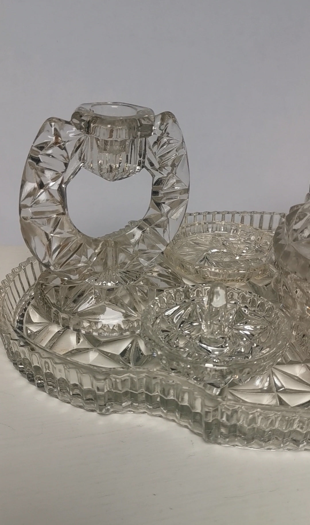 vintage glass dressing table set Vintage Art Deco Pressed Glass Vanity Dressing Table Set