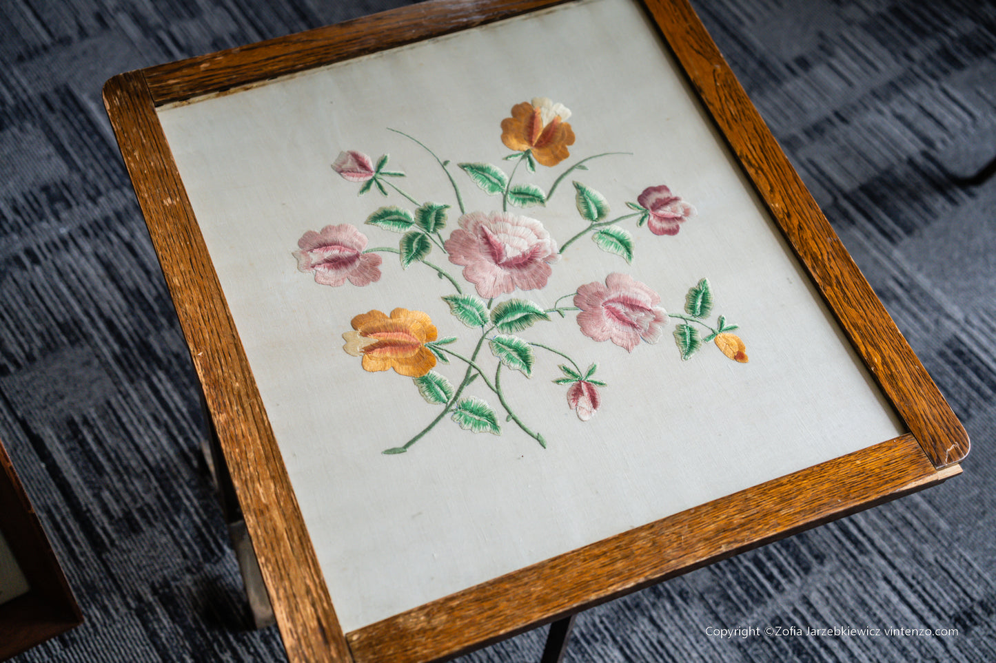 Vintage Embroidered Fire Screen with Wooden Pop Up Table
