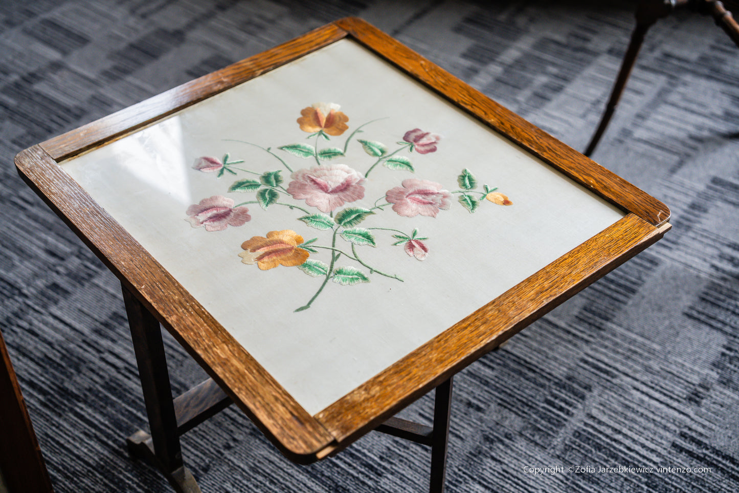 Vintage Embroidered Fire Screen with Wooden Pop Up Table