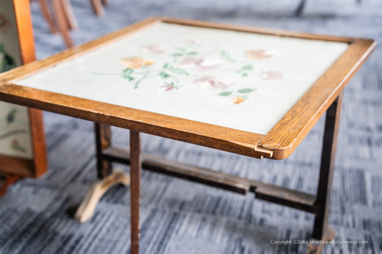 Vintage Embroidered Fire Screen with Wooden Pop Up Table