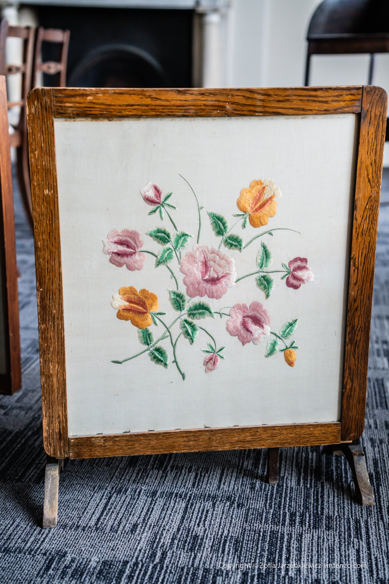 Vintage Embroidered Fire Screen with Wooden Pop Up Table