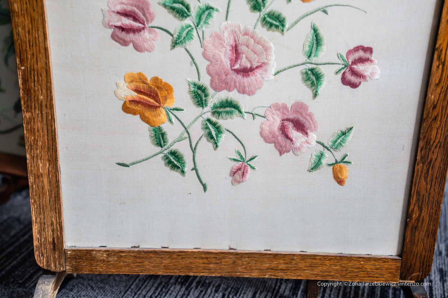 Vintage Embroidered Fire Screen with Wooden Pop Up Table