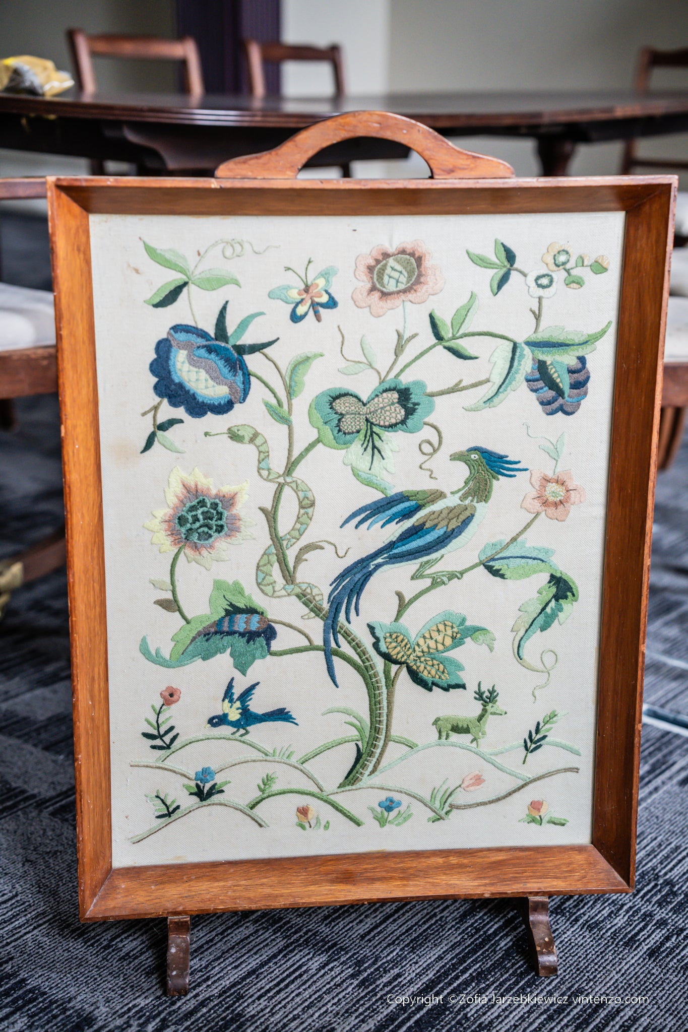 Vintage Embroidered Peacock Fire Screen
