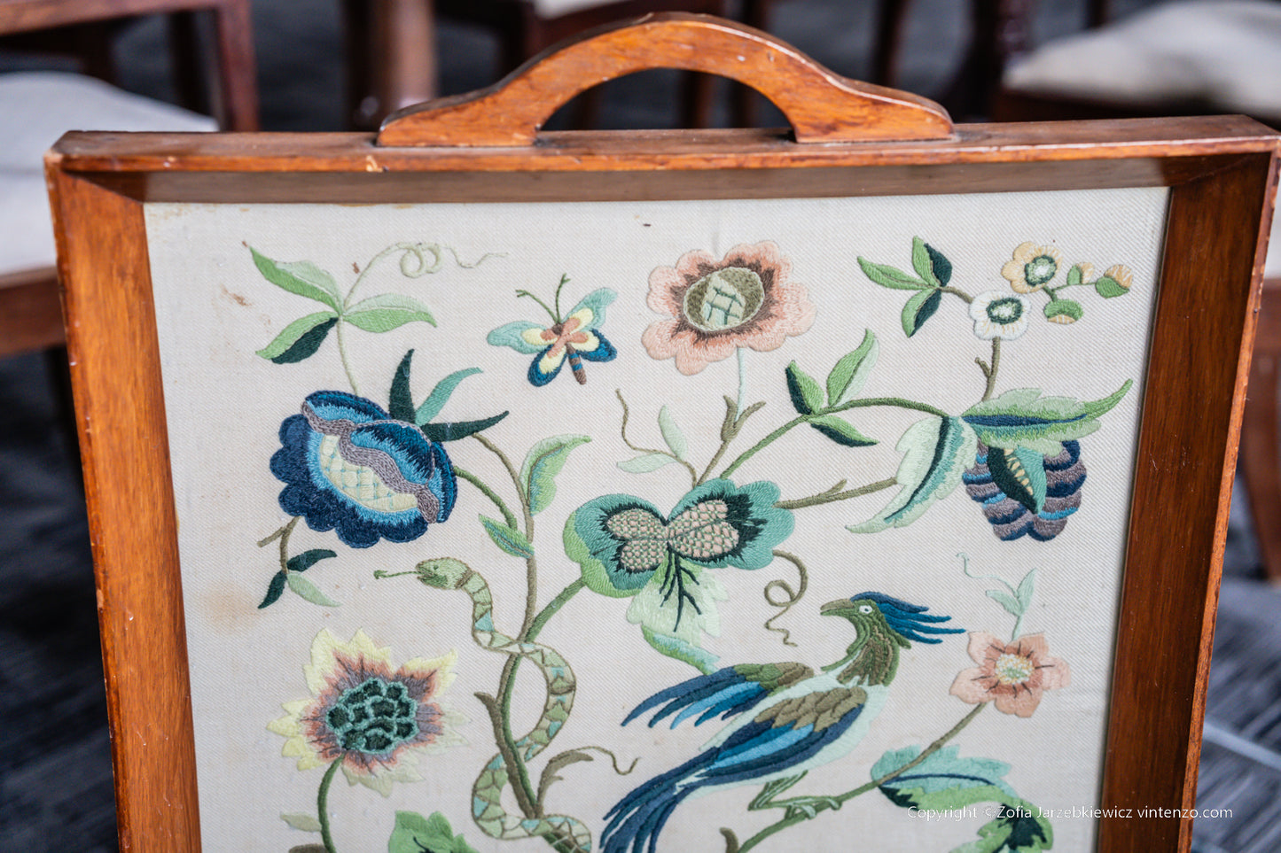 Vintage Embroidered Peacock Fire Screen
