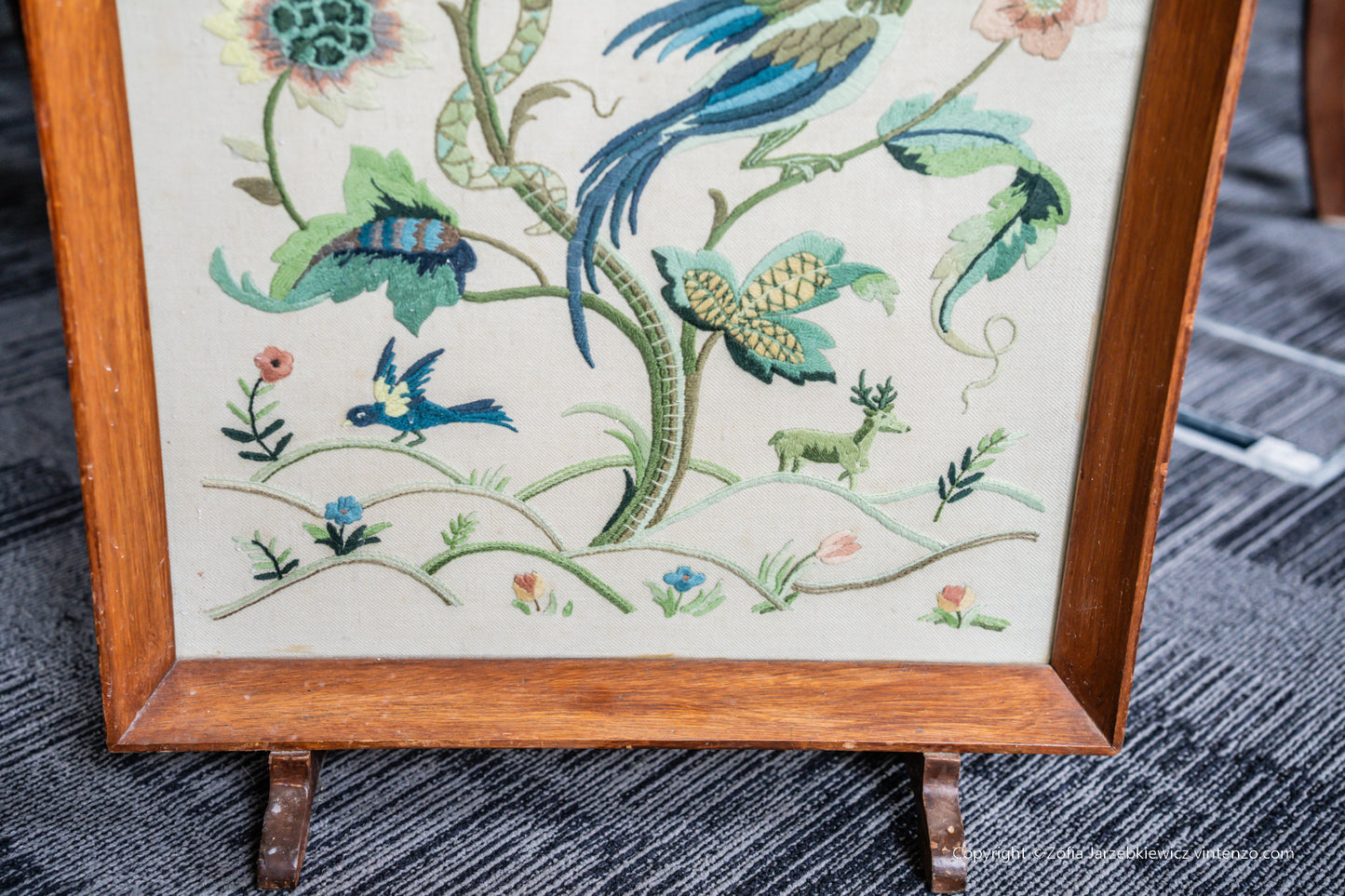 Vintage Embroidered Peacock Fire Screen