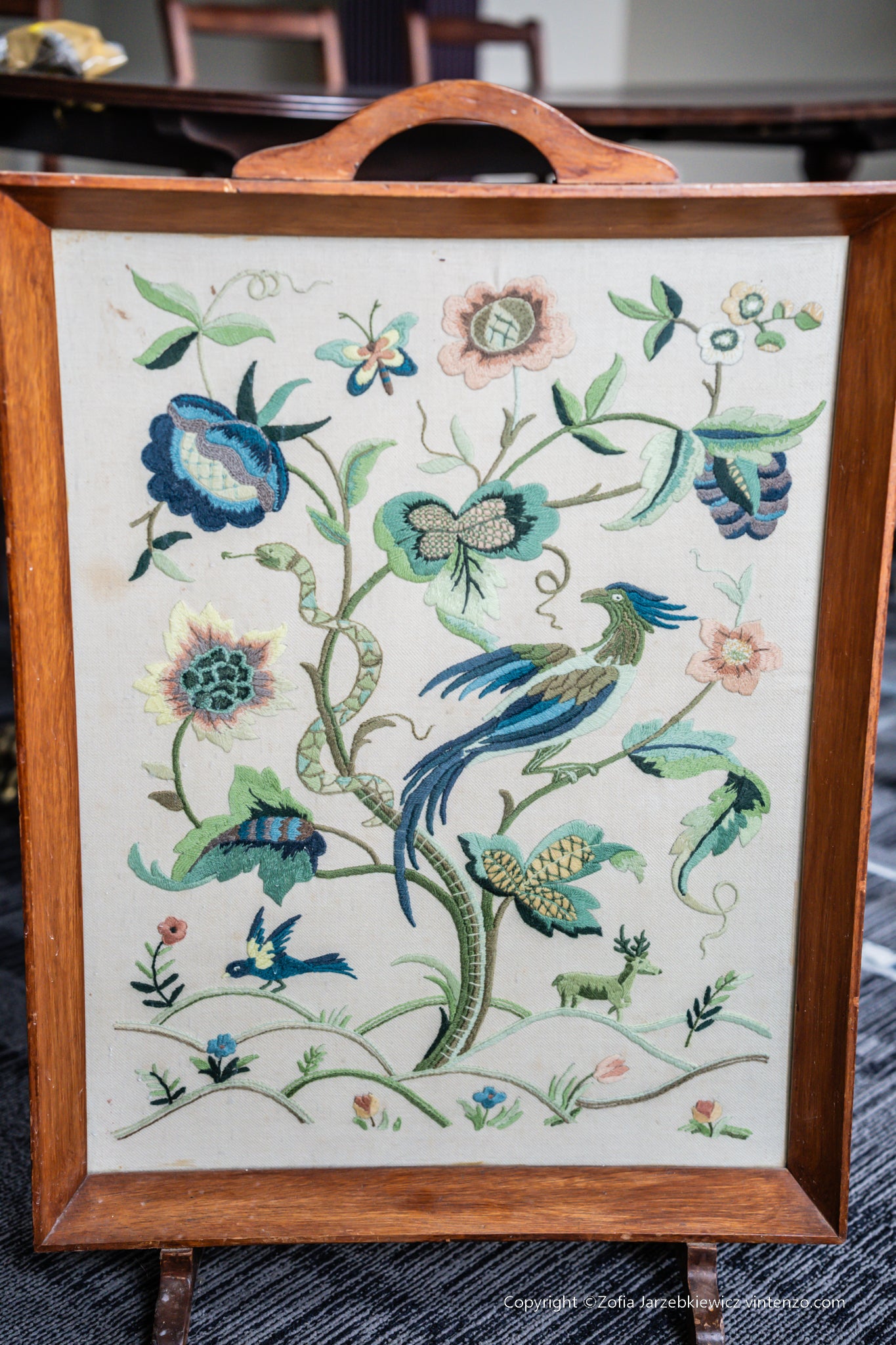 Vintage Embroidered Peacock Fire Screen