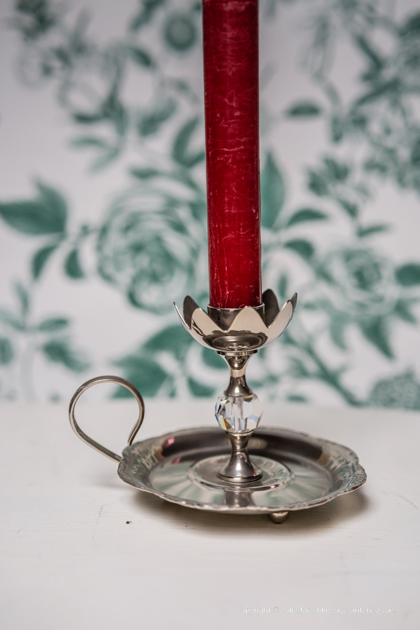 Vintage EP Brass Chamber Candle Holder with Crystal Centerpiece