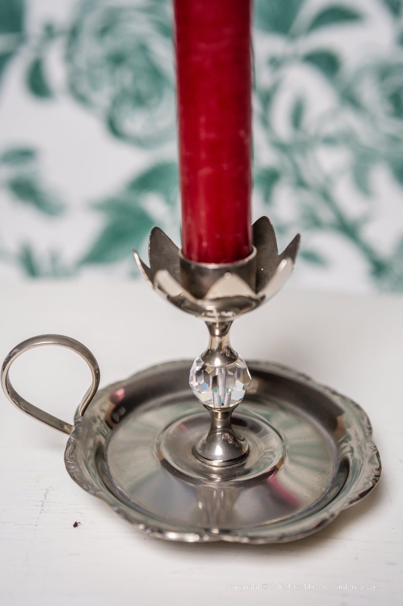 Vintage EP Brass Chamber Candle Holder with Crystal Centerpiece