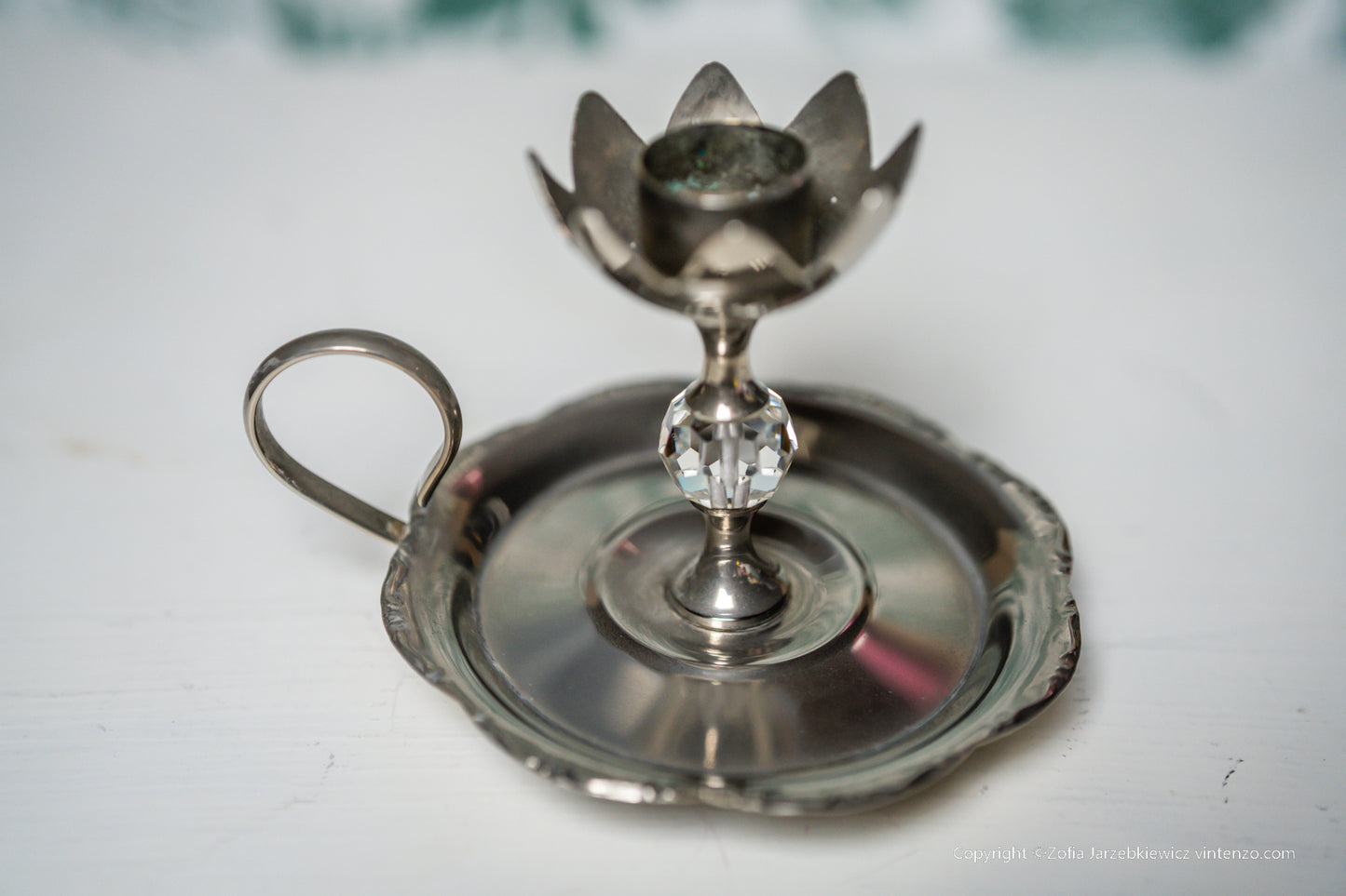 Vintage EP Brass Chamber Candle Holder with Crystal Centerpiece