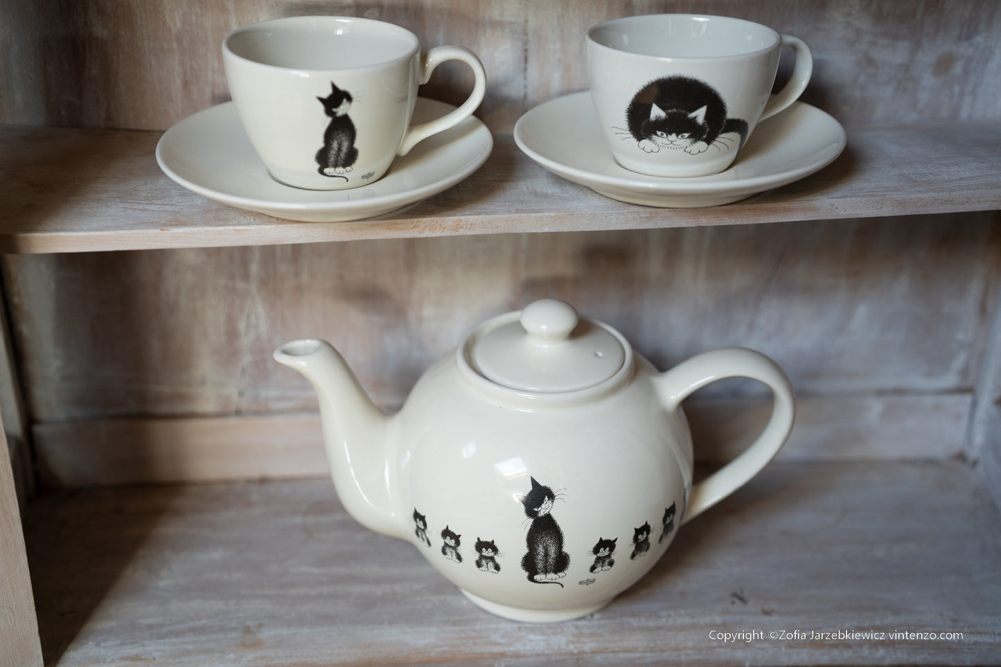 Dubout Cat Teapot and Two Teacups Set, Cat Lovers