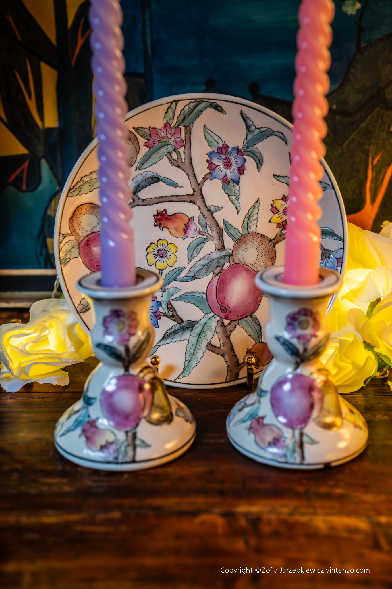 Handmade Chinese Pottery 2 Candleholders and a Plate