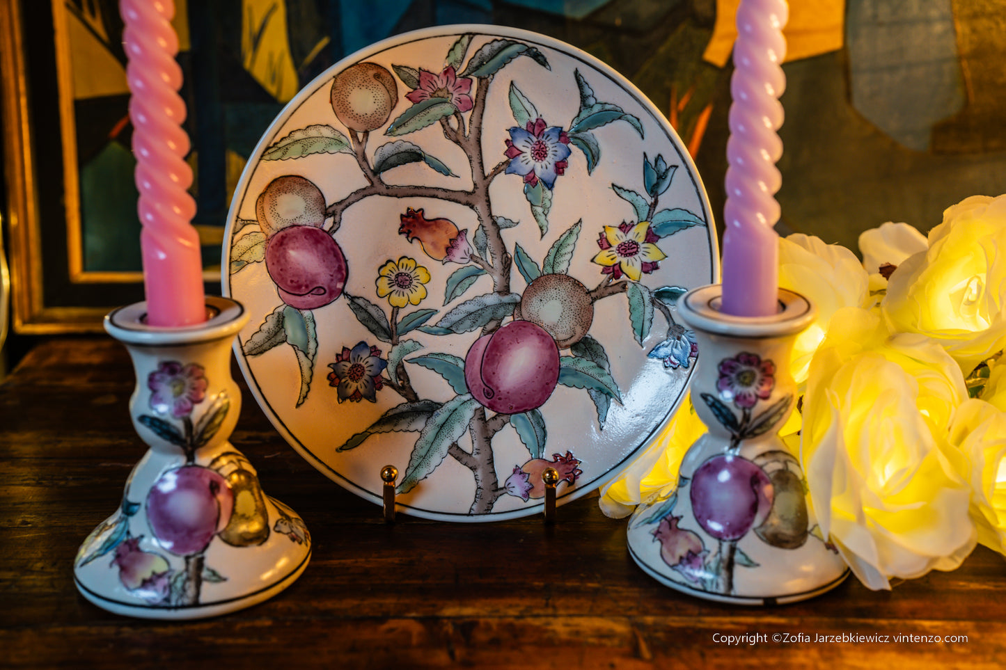 Handmade Chinese Pottery 2 Candleholders and a Plate