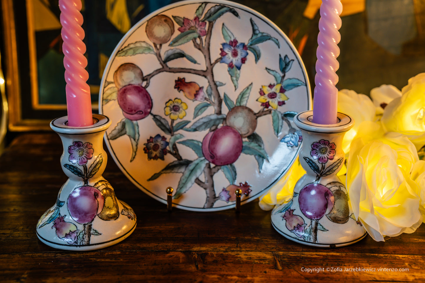 Handmade Chinese Pottery 2 Candleholders and a Plate