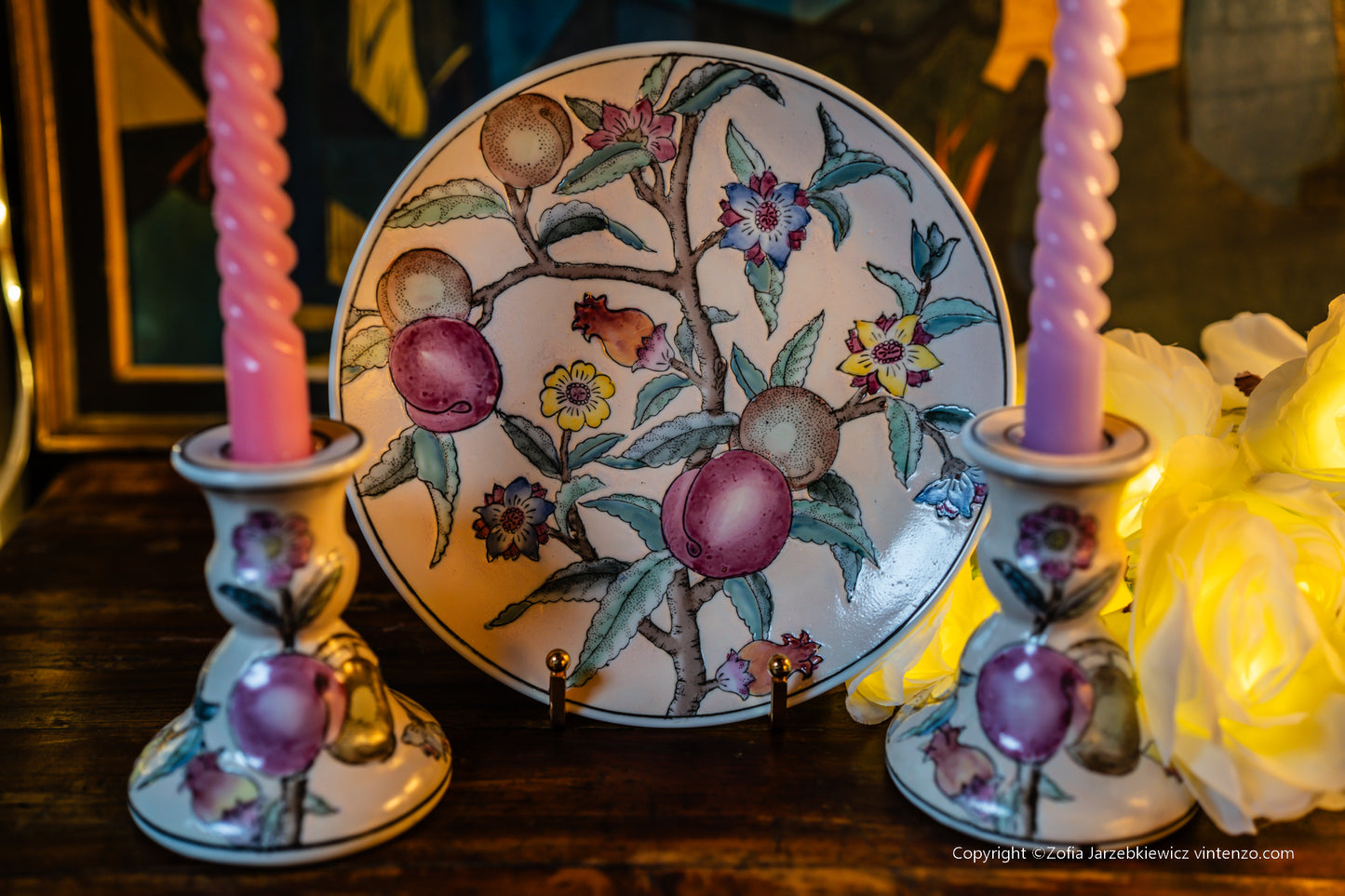 Handmade Chinese Pottery 2 Candleholders and a Plate