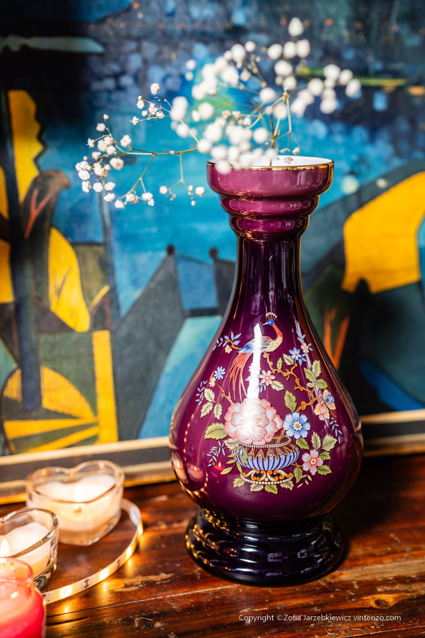 Ardalt Italian Peacock and Floral Art Glass Vase