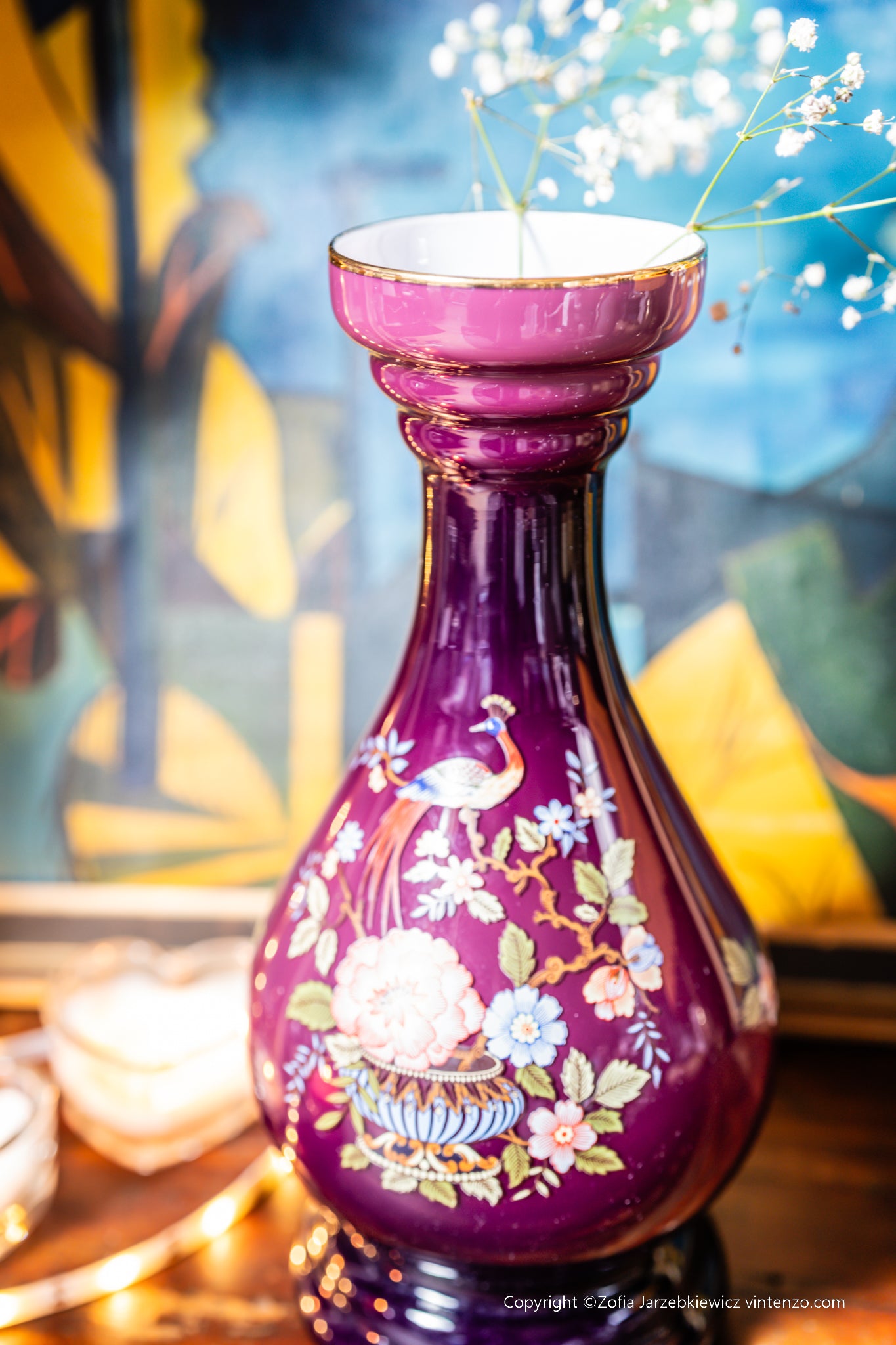 Ardalt Italian Peacock and Floral Art Glass Vase