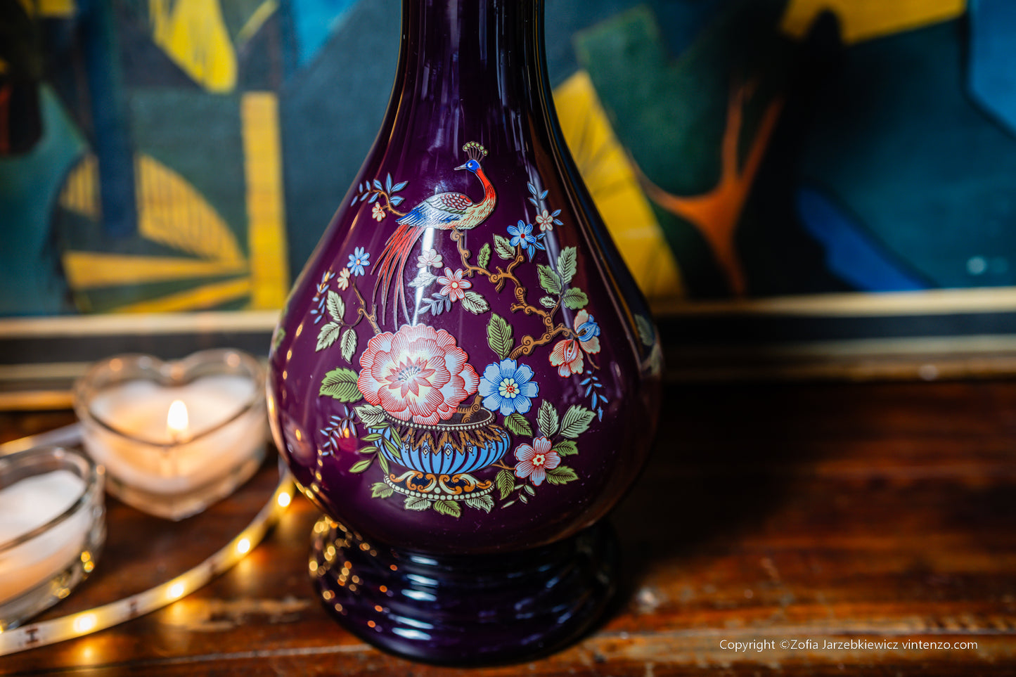 Ardalt Italian Peacock and Floral Art Glass Vase
