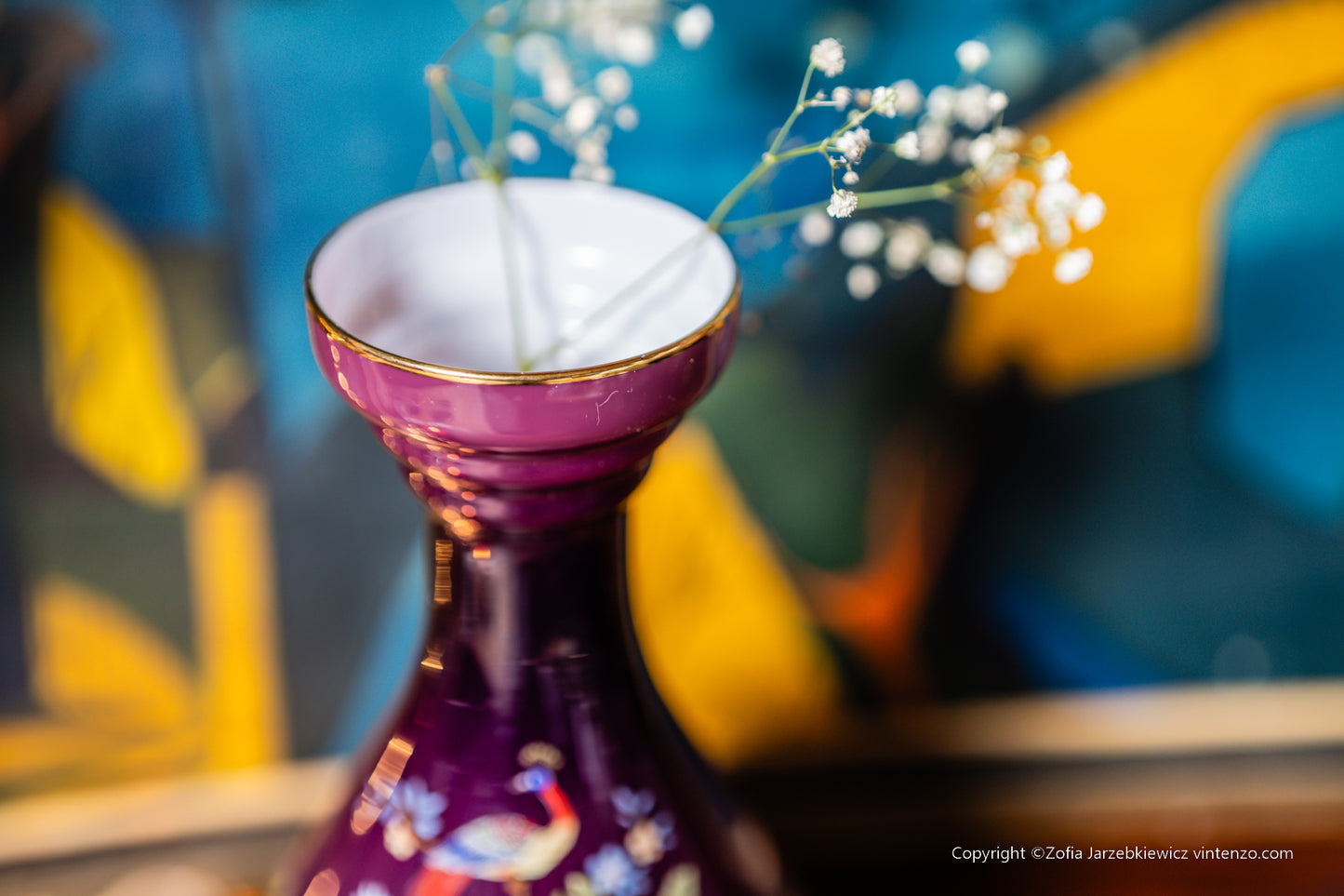 Ardalt Italian Peacock and Floral Art Glass Vase
