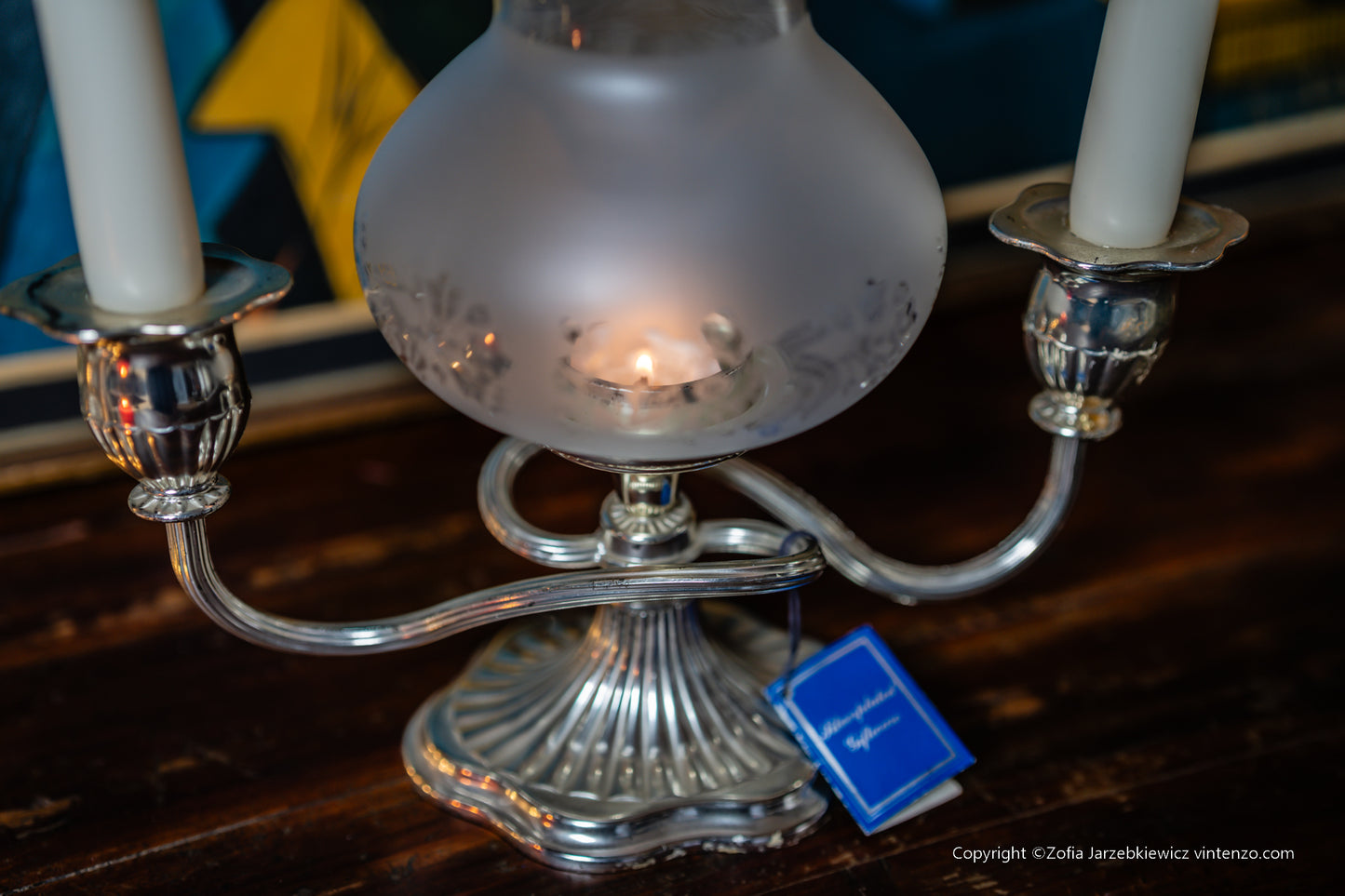 Silver Plated Two Light Candle Lamp Holder Glass Shade