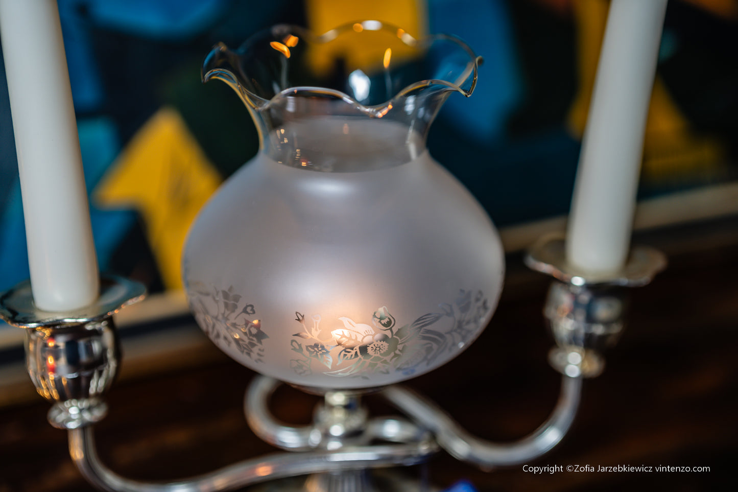 Silver Plated Two Light Candle Lamp Holder Glass Shade
