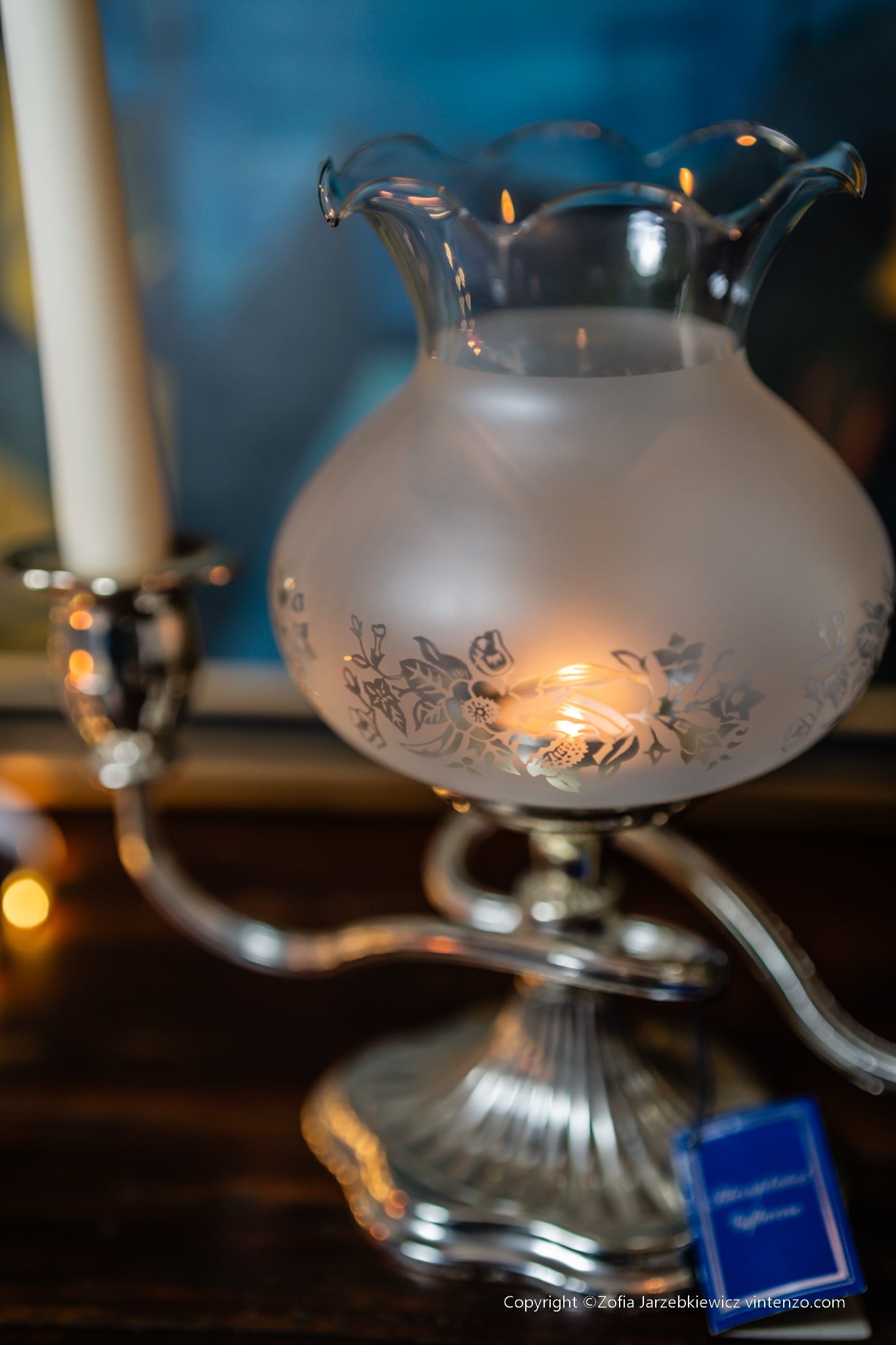 Silver Plated Two Light Candle Lamp Holder Glass Shade