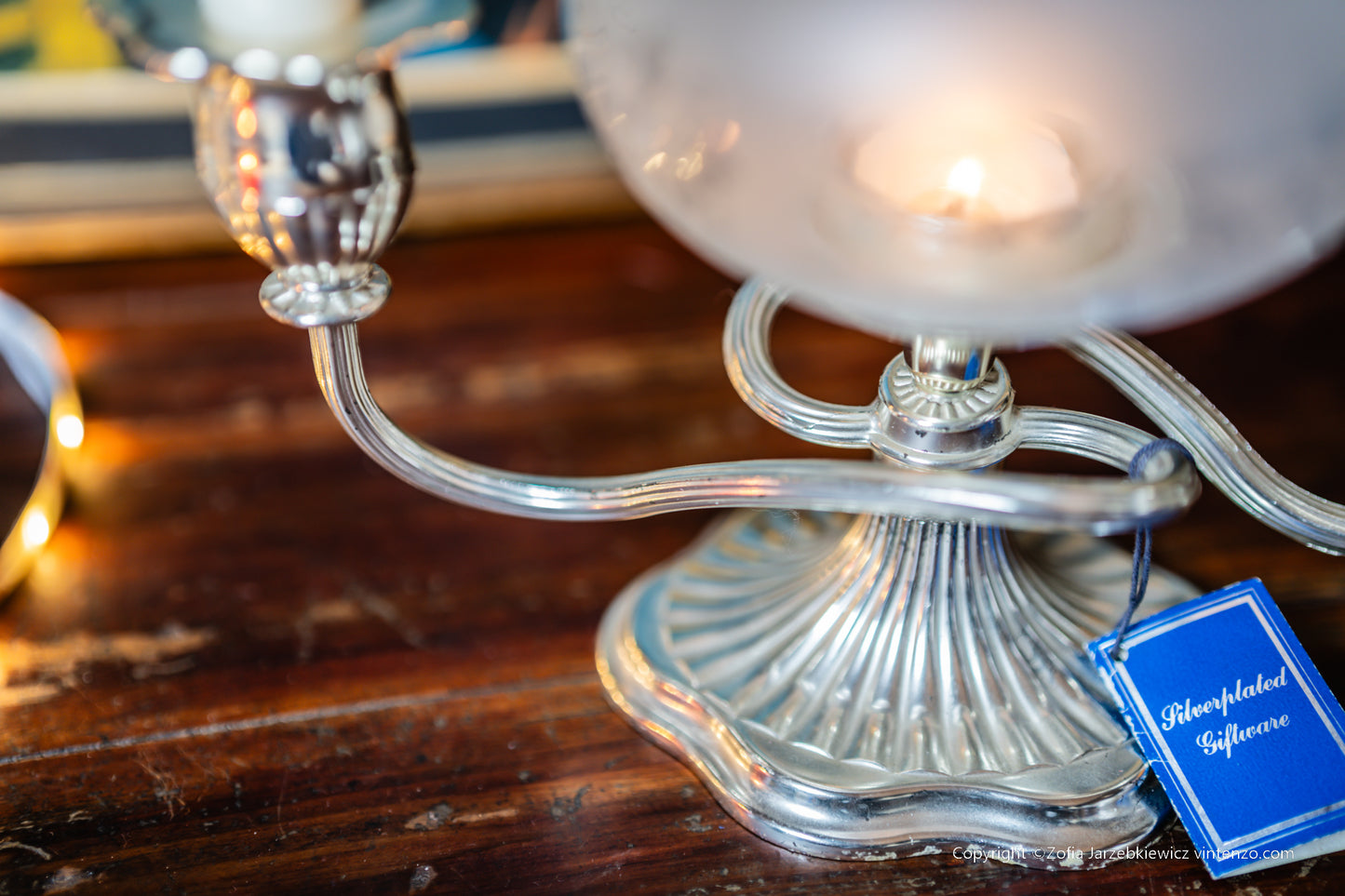 Silver Plated Two Light Candle Lamp Holder Glass Shade