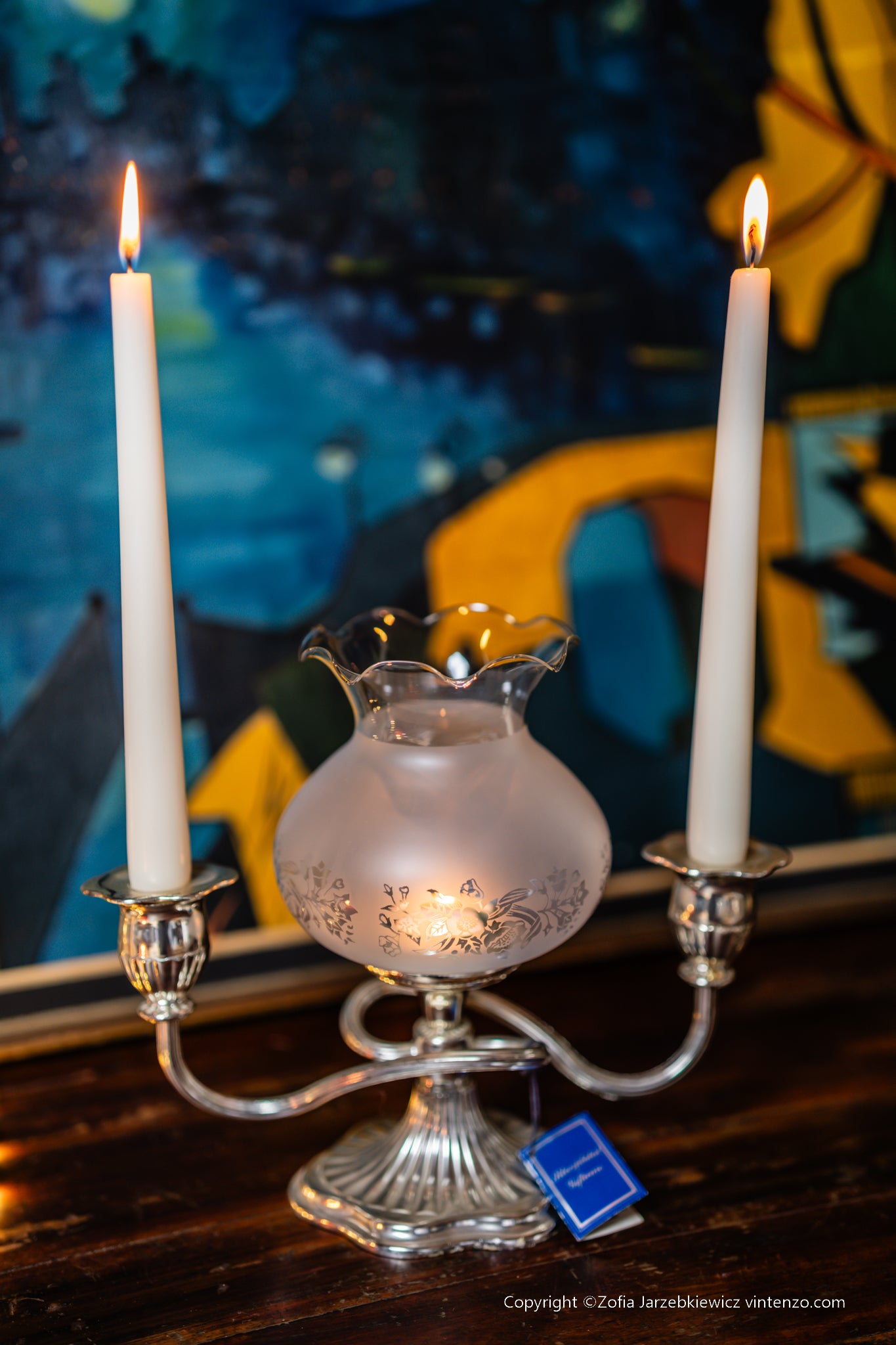 Silver Plated Two Light Candle Lamp Holder Glass Shade