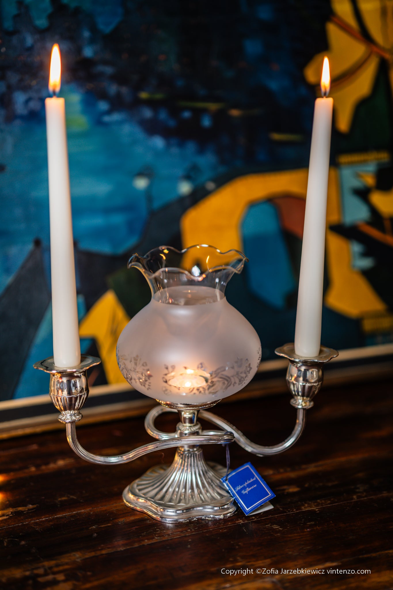 Silver Plated Two Light Candle Lamp Holder Glass Shade