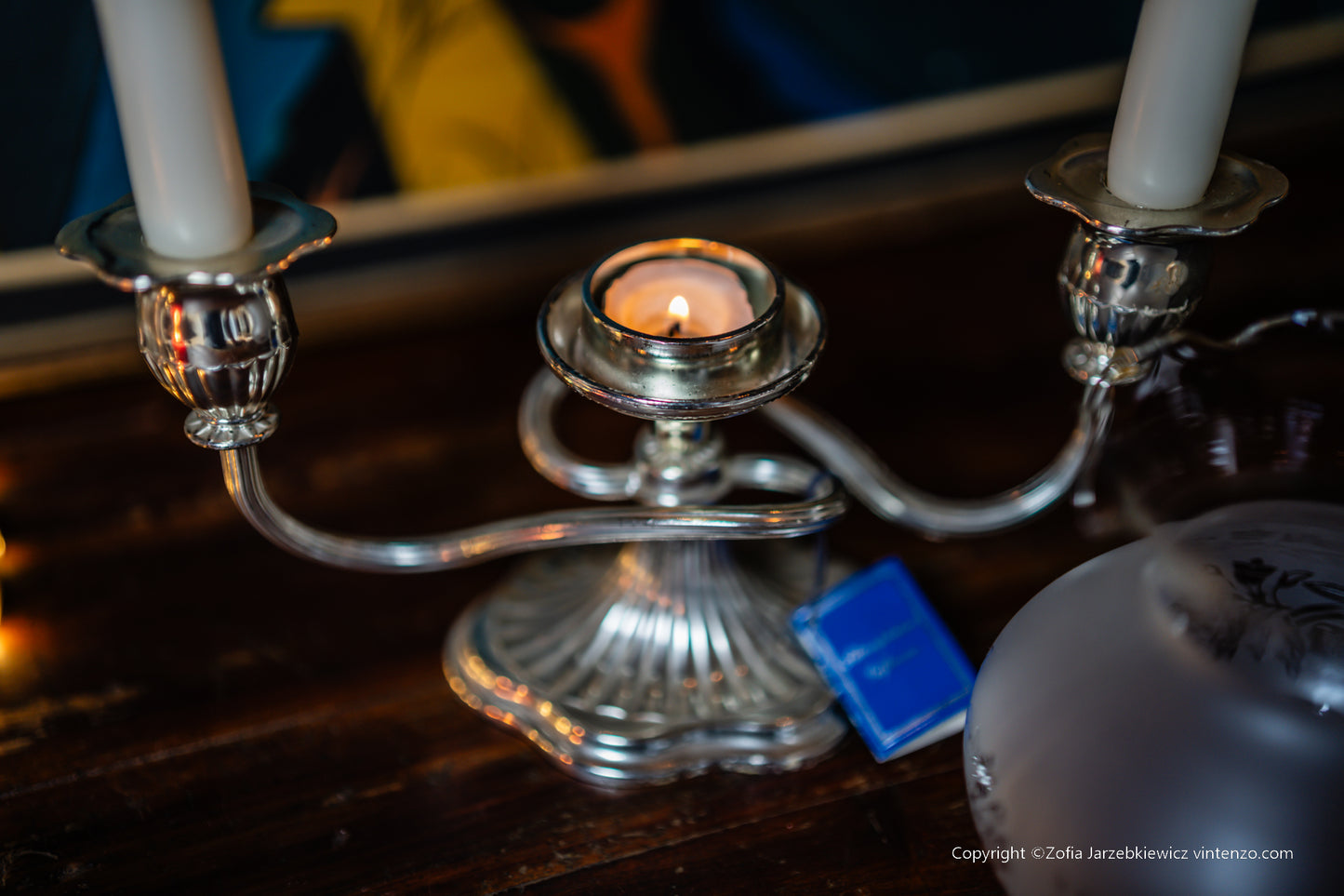 Silver Plated Two Light Candle Lamp Holder Glass Shade
