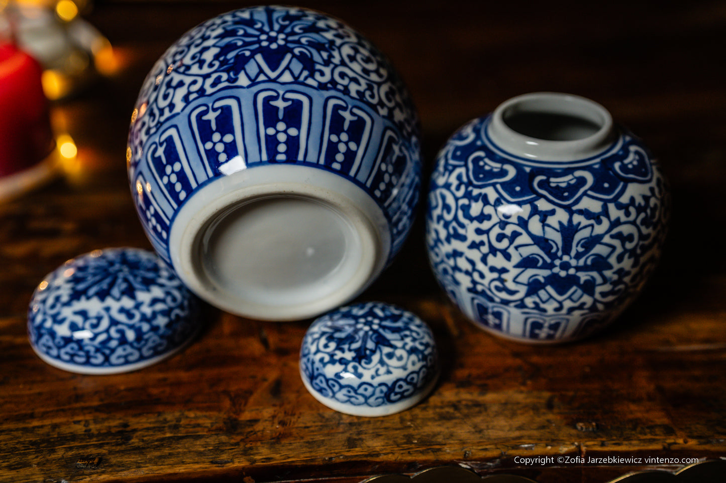 Set of Two Vintage Blue and White Tangled Branches and Lotus Lid Jar
