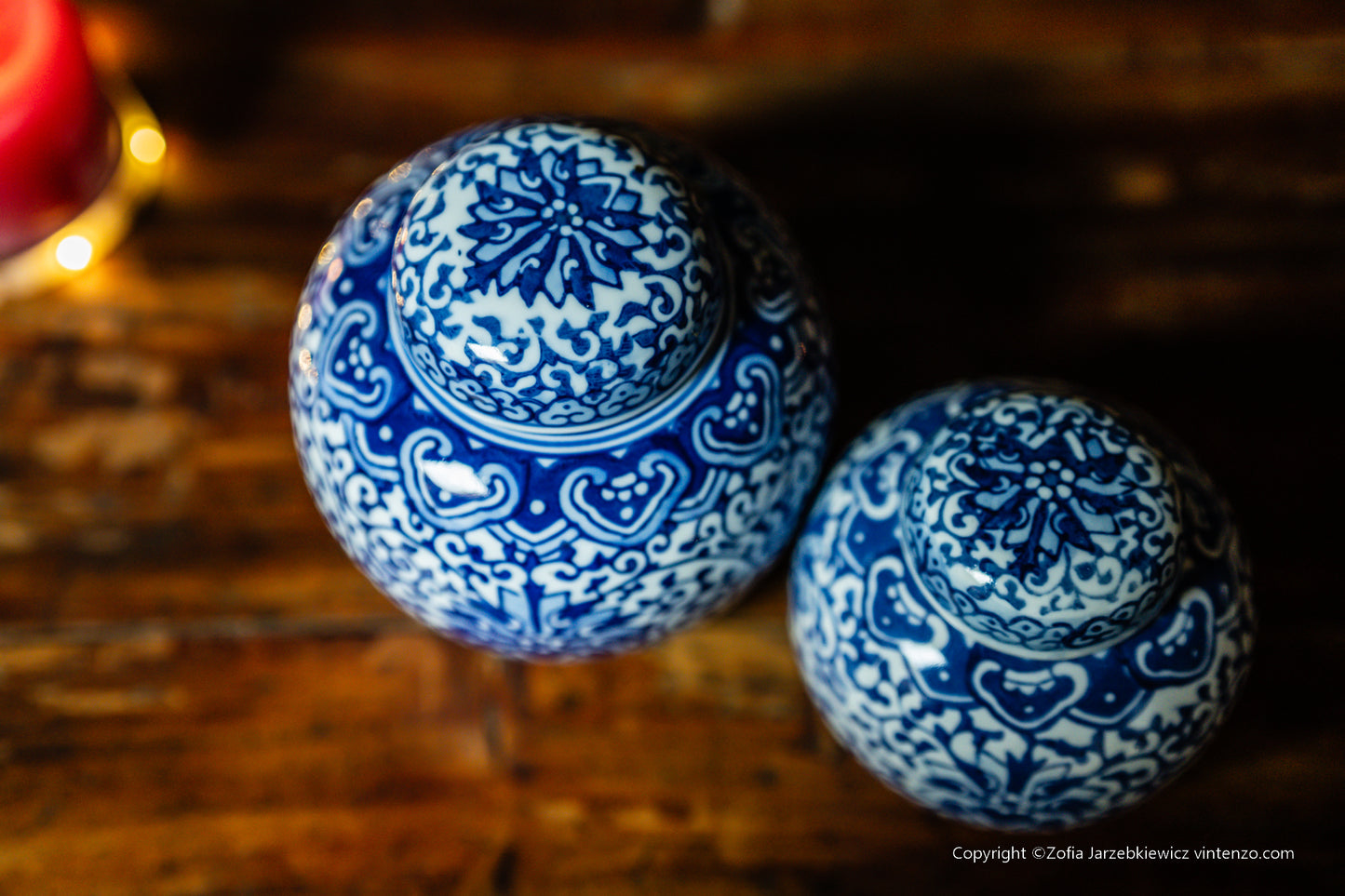 Set of Two Vintage Blue and White Tangled Branches and Lotus Lid Jar