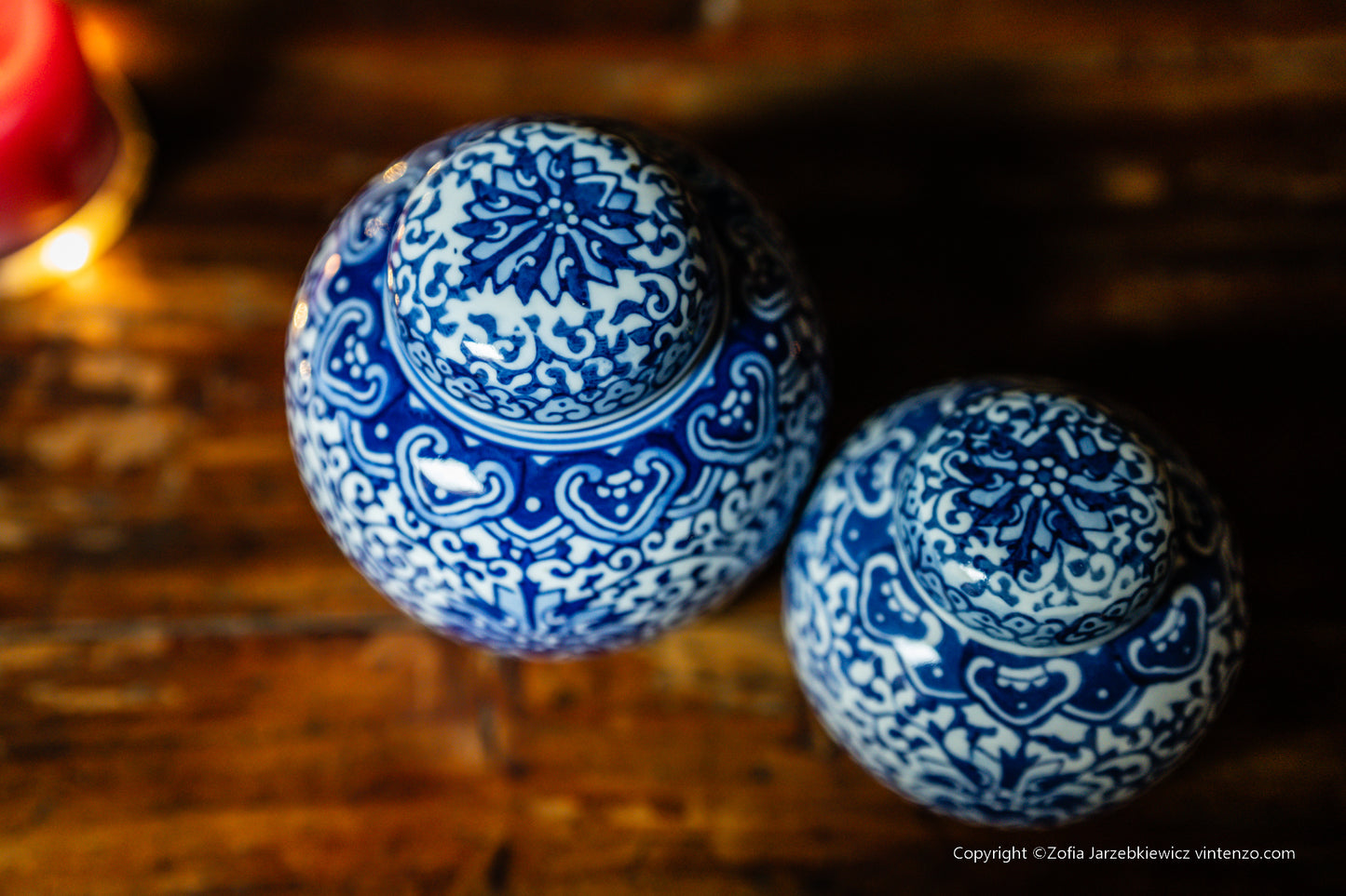 Set of Two Vintage Blue and White Tangled Branches and Lotus Lid Jar