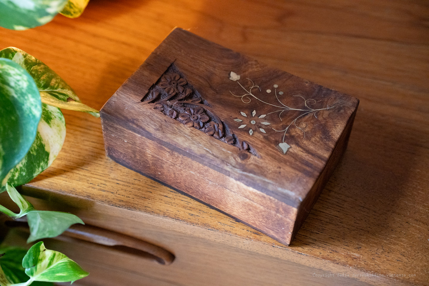 Vintage Wooden Box with Brass Flower Detail