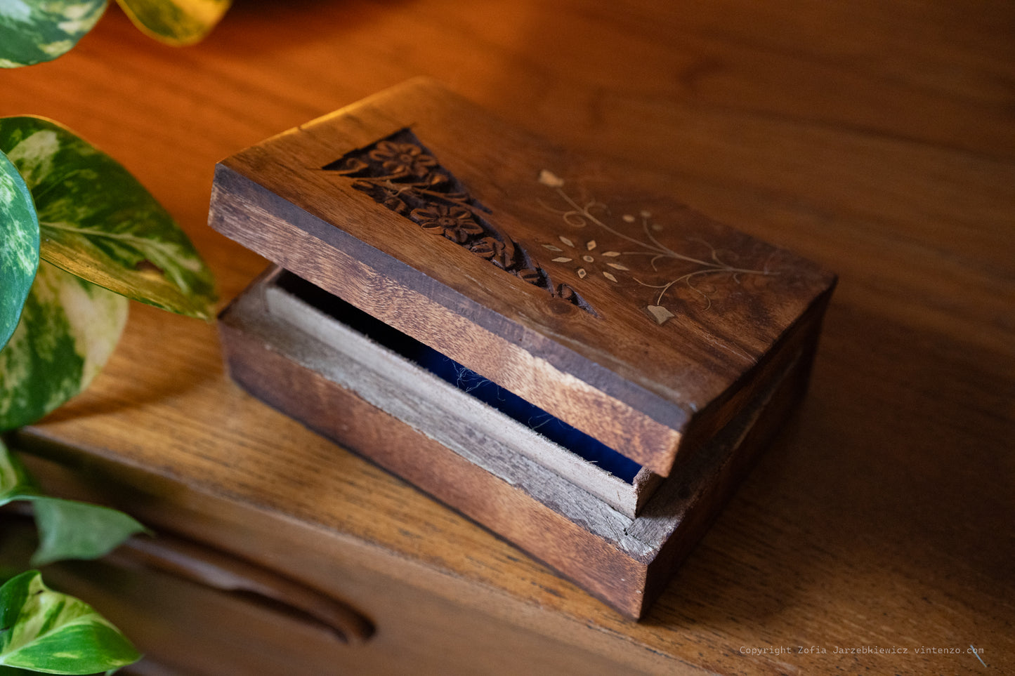 Vintage Wooden Box with Brass Flower Detail