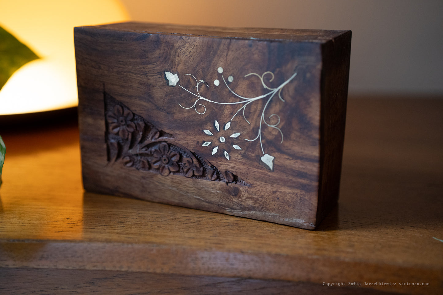 Vintage Wooden Box with Brass Flower Detail