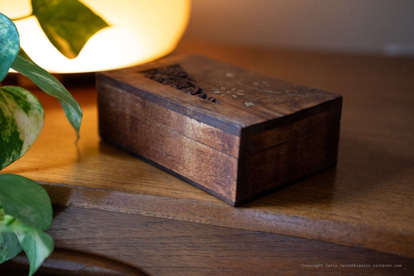 Vintage Wooden Box with Brass Flower Detail