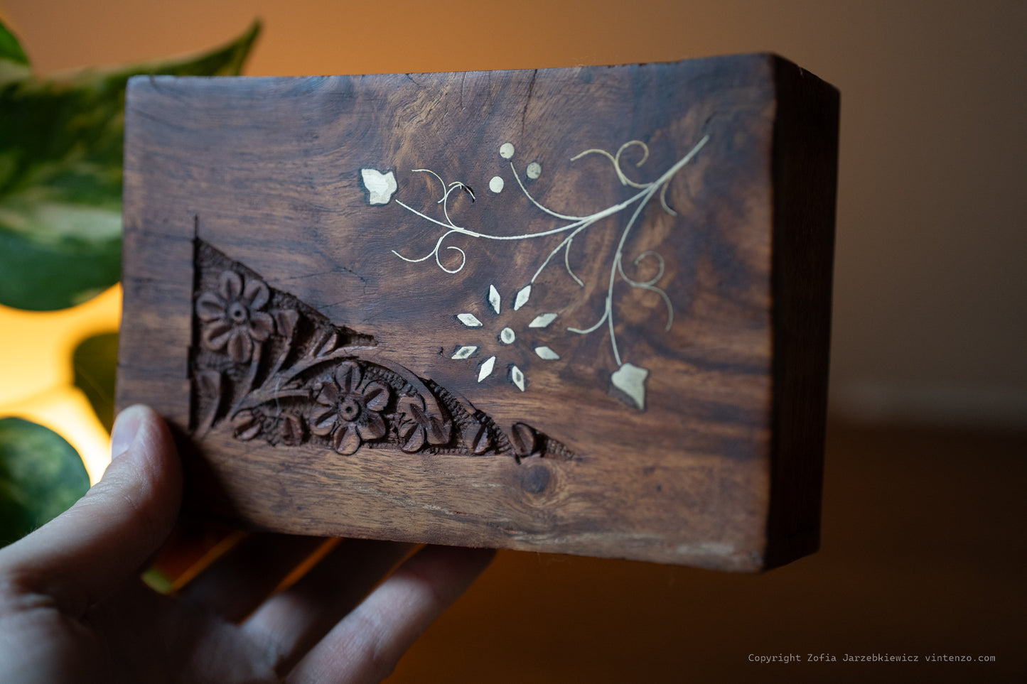 Vintage Wooden Box with Brass Flower Detail