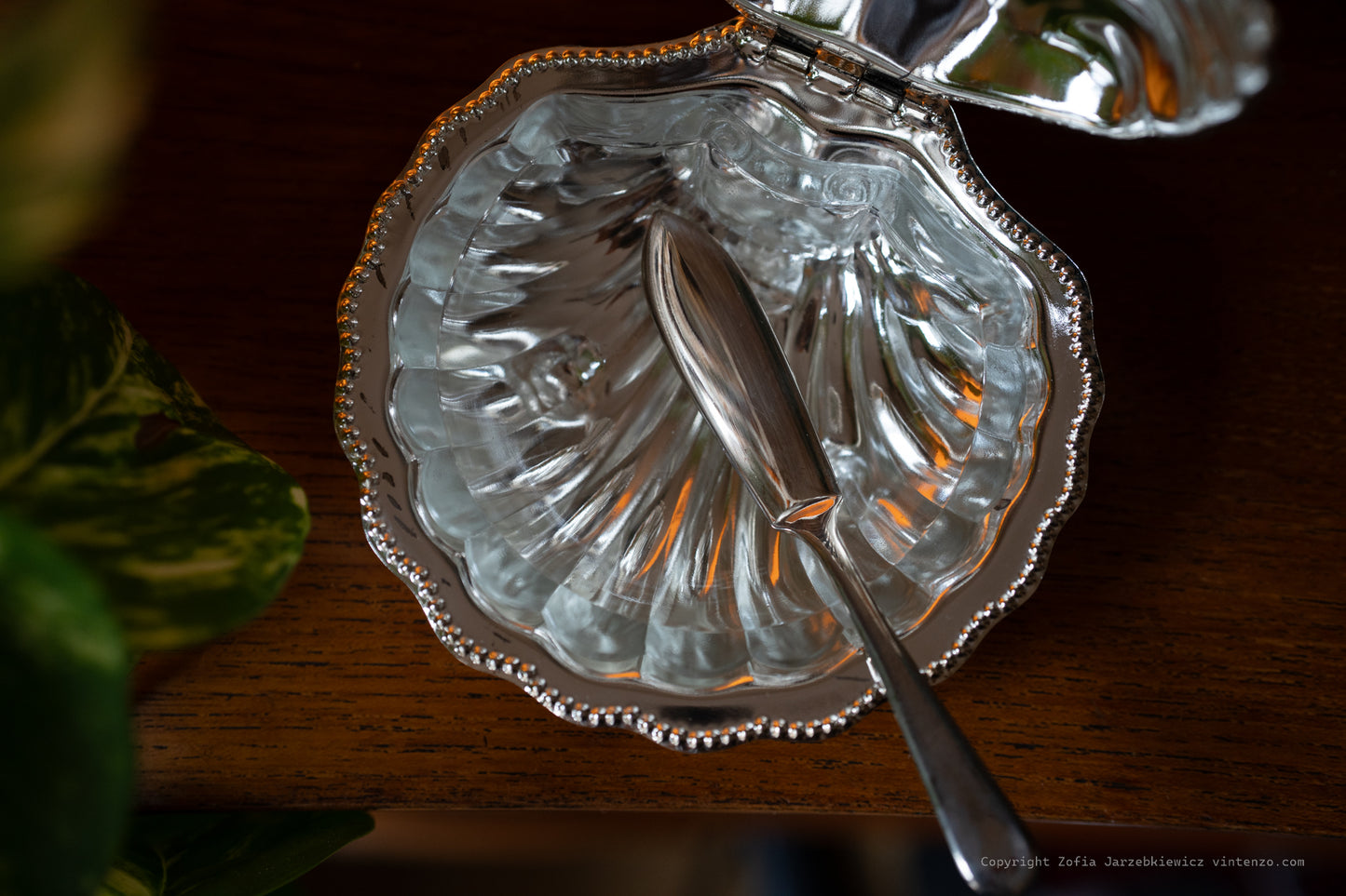Vintage Shell-Shaped Butter Dish with Orogonal Spreader and Glass Container