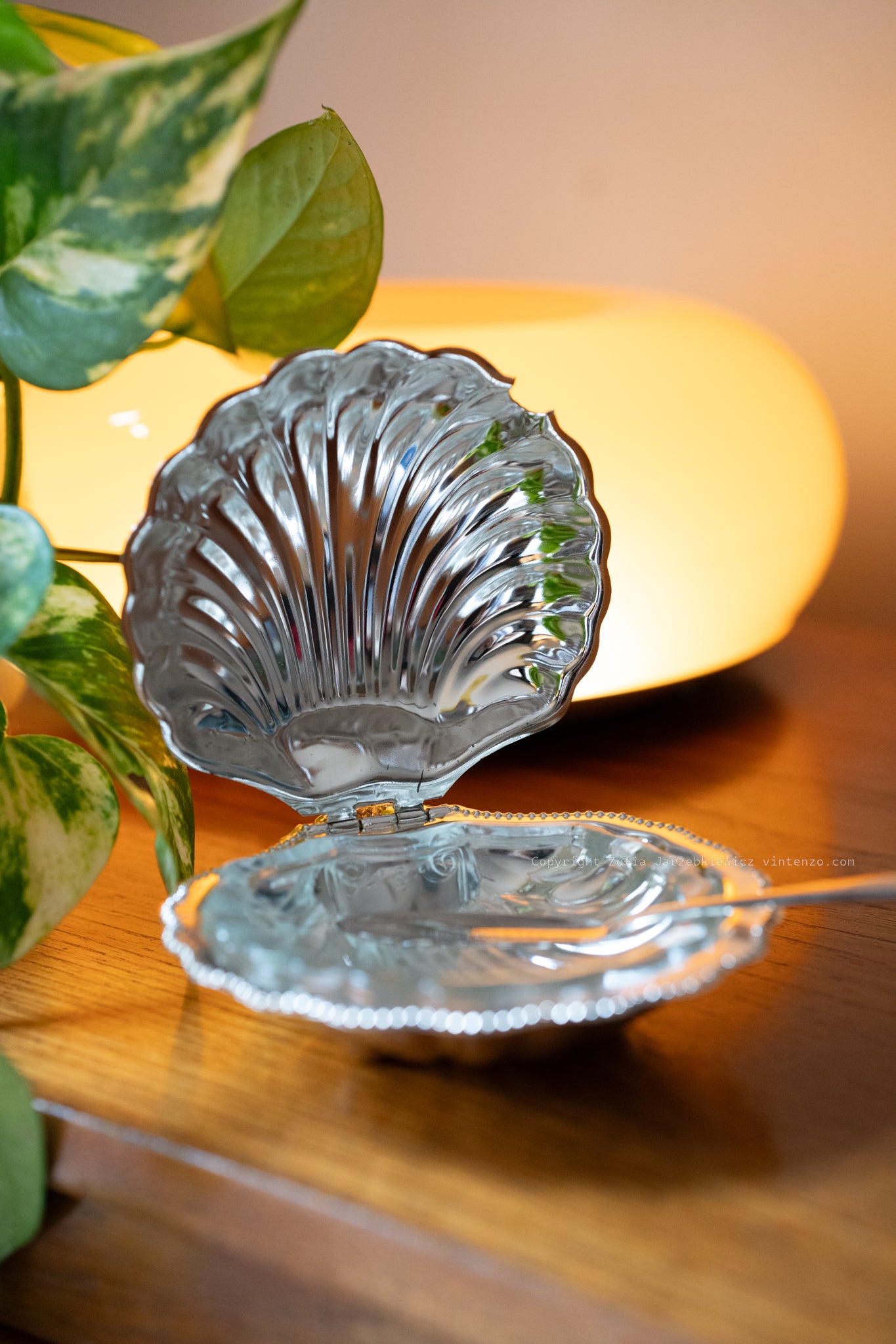 Vintage Shell-Shaped Butter Dish with Orogonal Spreader and Glass Container