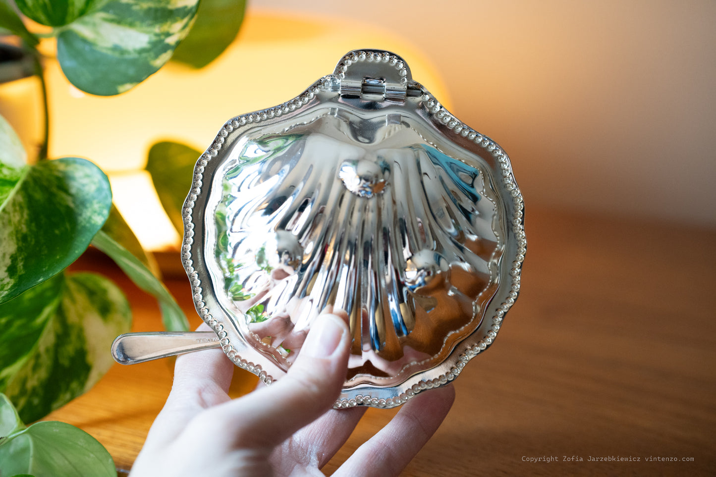 Vintage Shell-Shaped Butter Dish with Orogonal Spreader and Glass Container