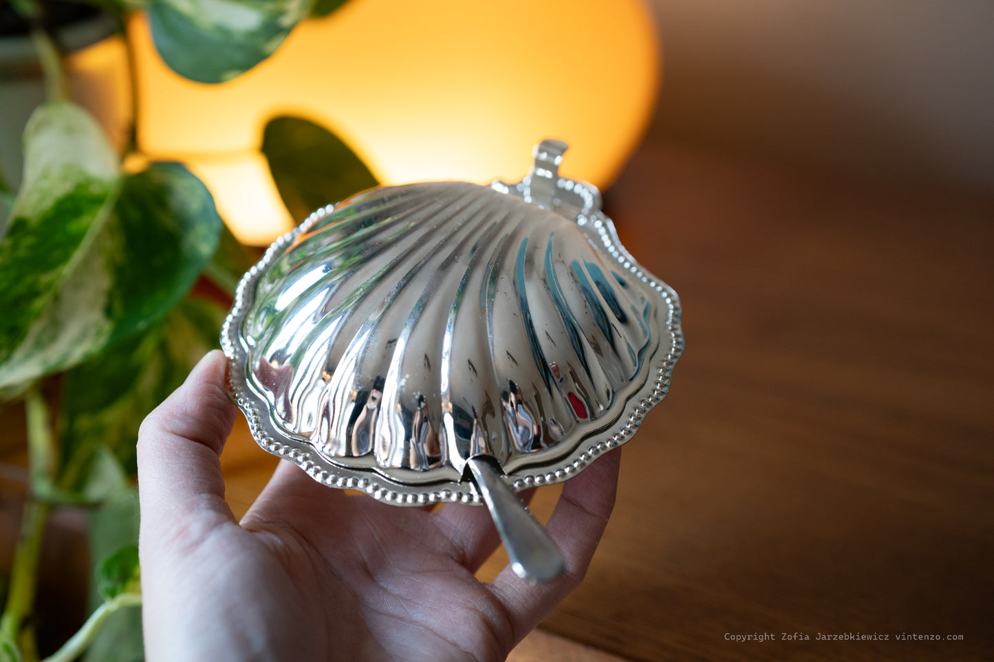 Vintage Shell-Shaped Butter Dish with Orogonal Spreader and Glass Container