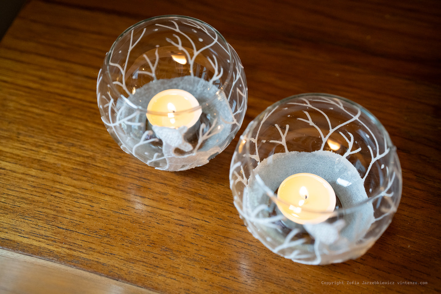 Two Christmas Glitter Glass Reindeer Winter Tea Light Holders